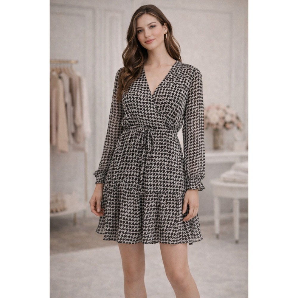 PAIGE Women's 100% Silk Wrap Dress LARGE Black Beige Houndstooth 7534K16 7341